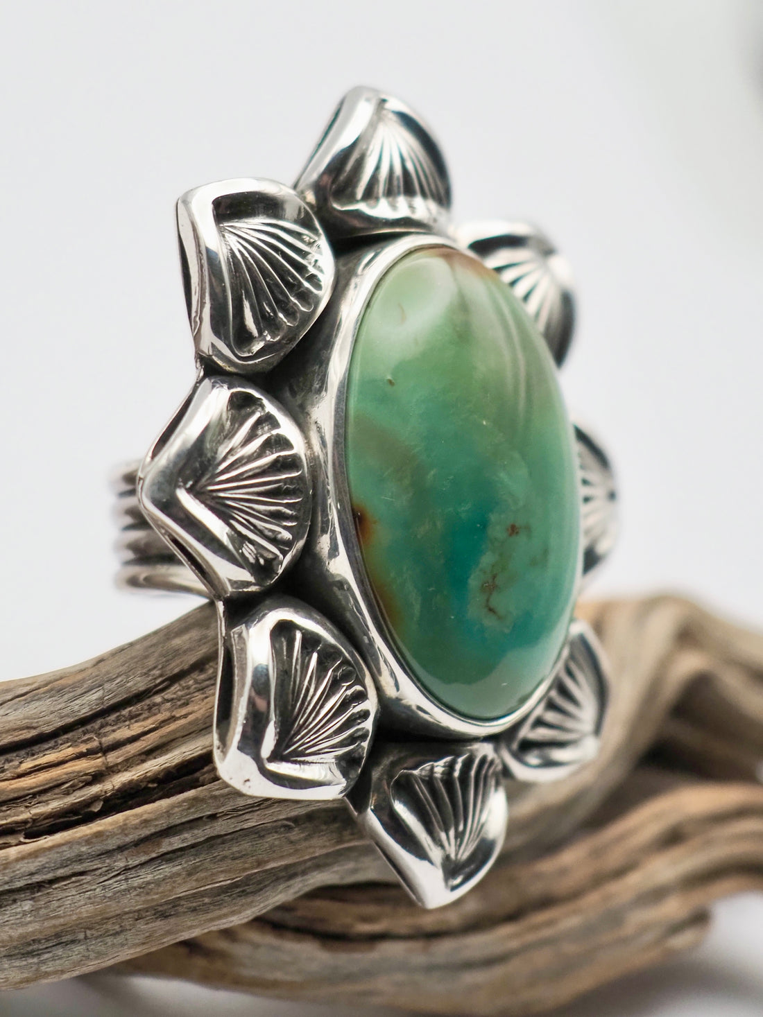 Ajax Turquoise Cholla Hand Stamped Border Ring size 6