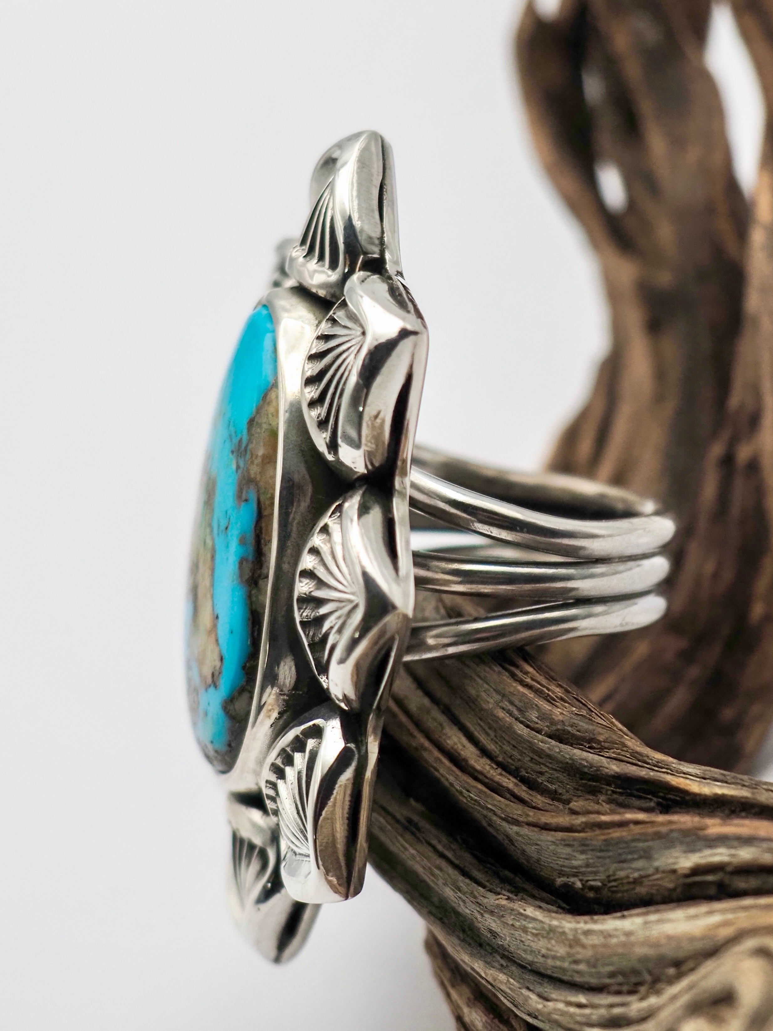 Easter Blue Turquoise Cholla Hand Stamped Border Ring size 7