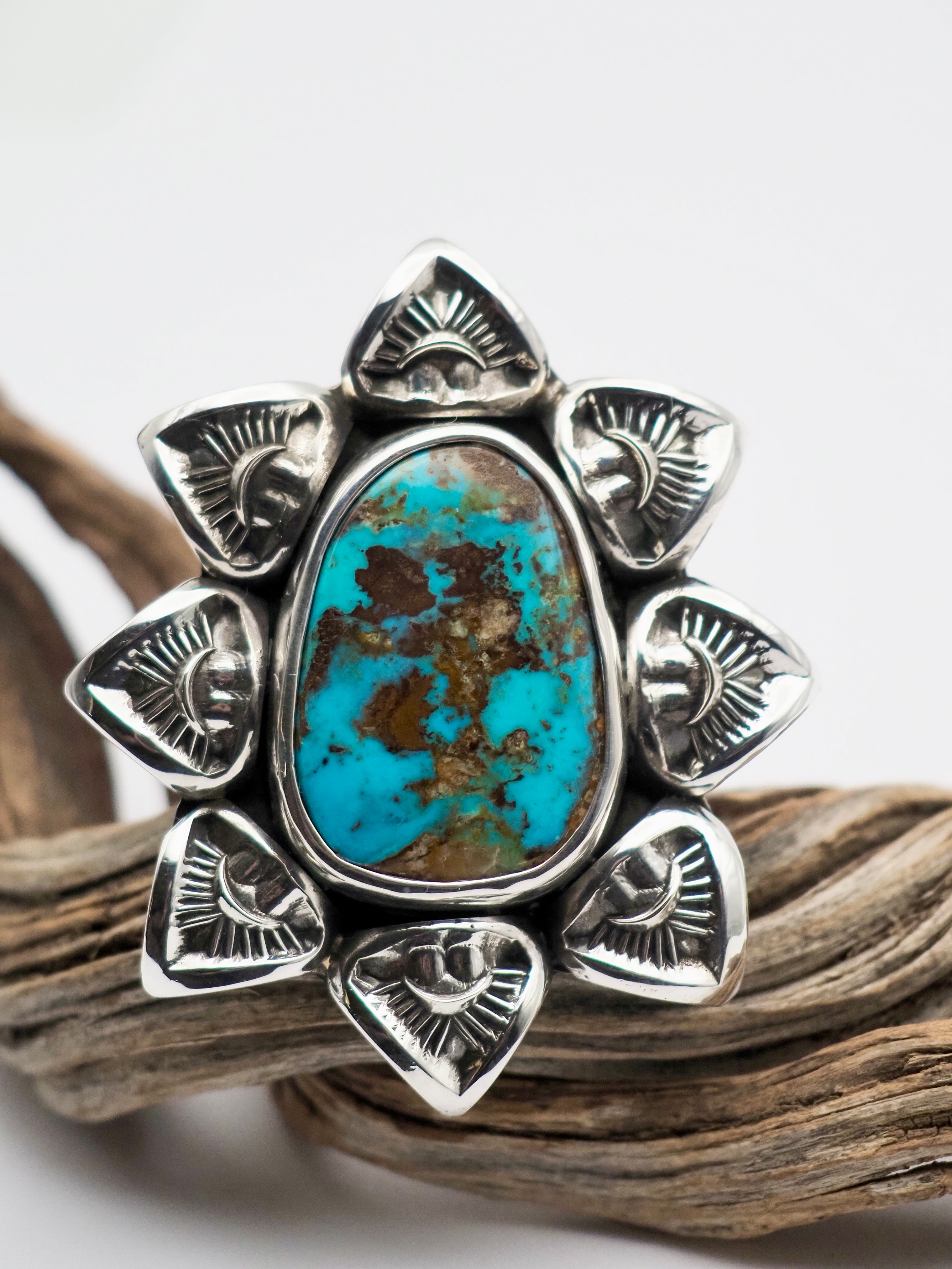 Easter Blue Turquoise Portal Hand Stamped Border Ring size 7