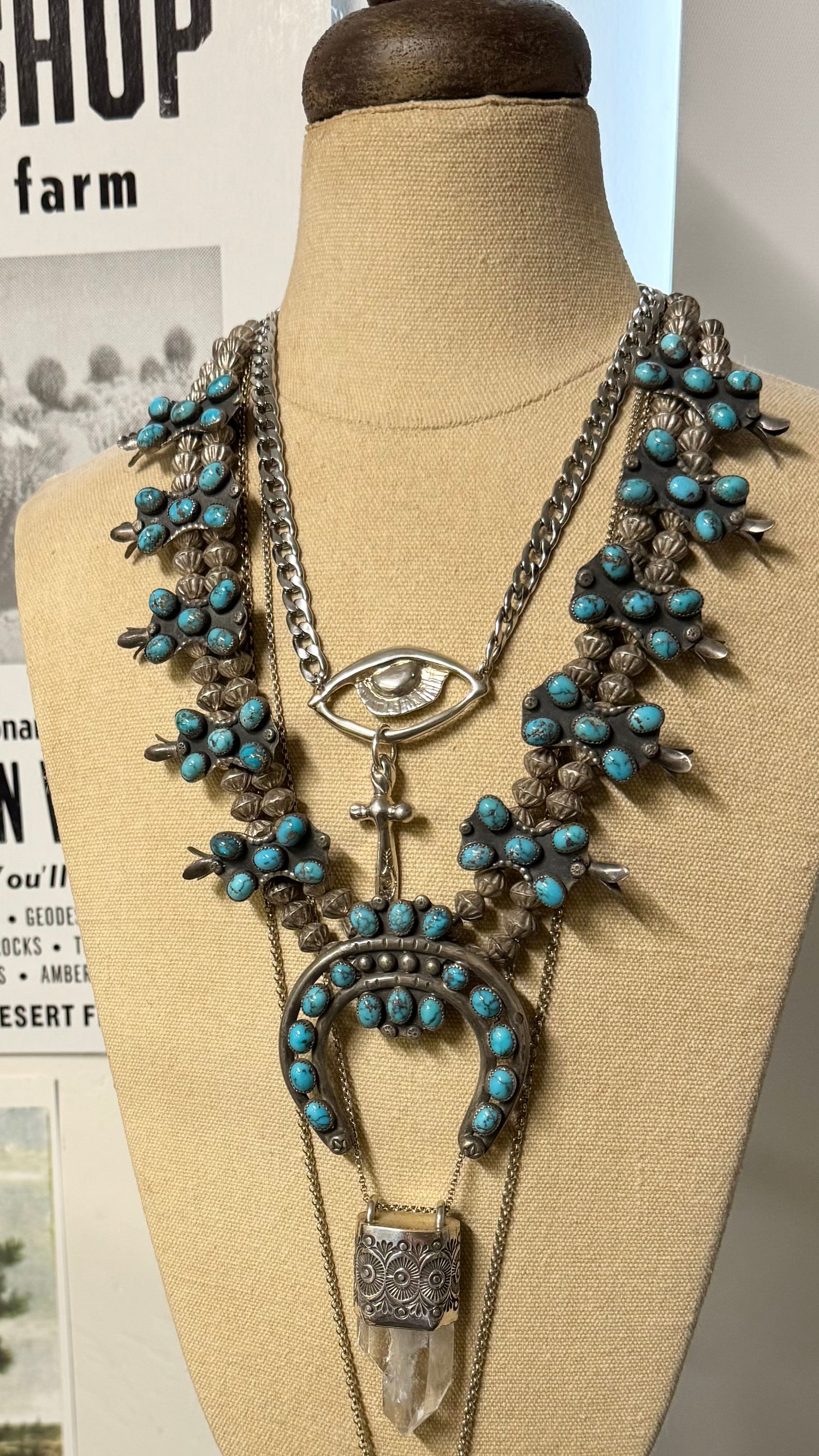 Vintage Persian Turquoise Squash Blossom Necklace