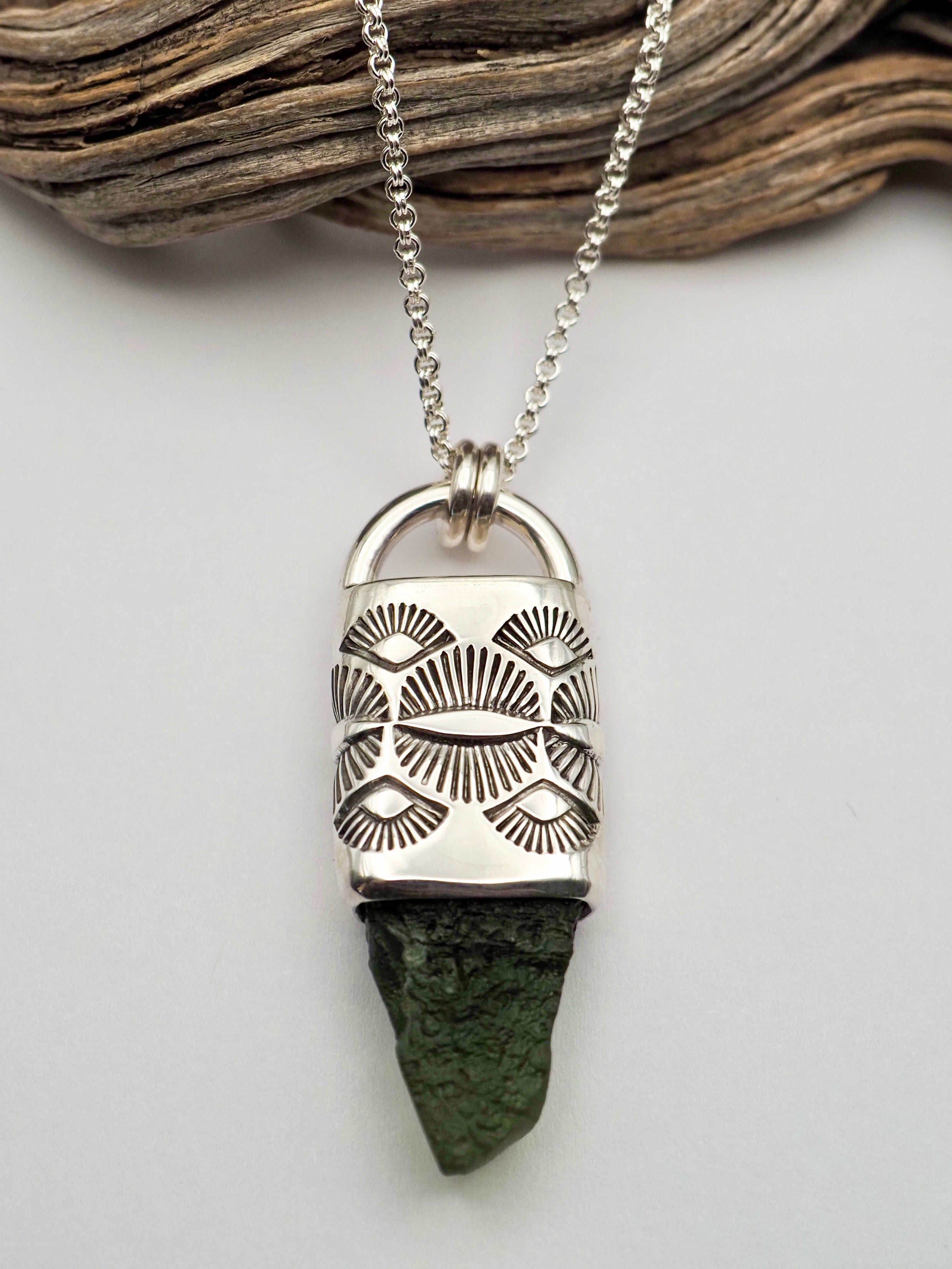 Moldavite Eye/Fan Talisman Necklace