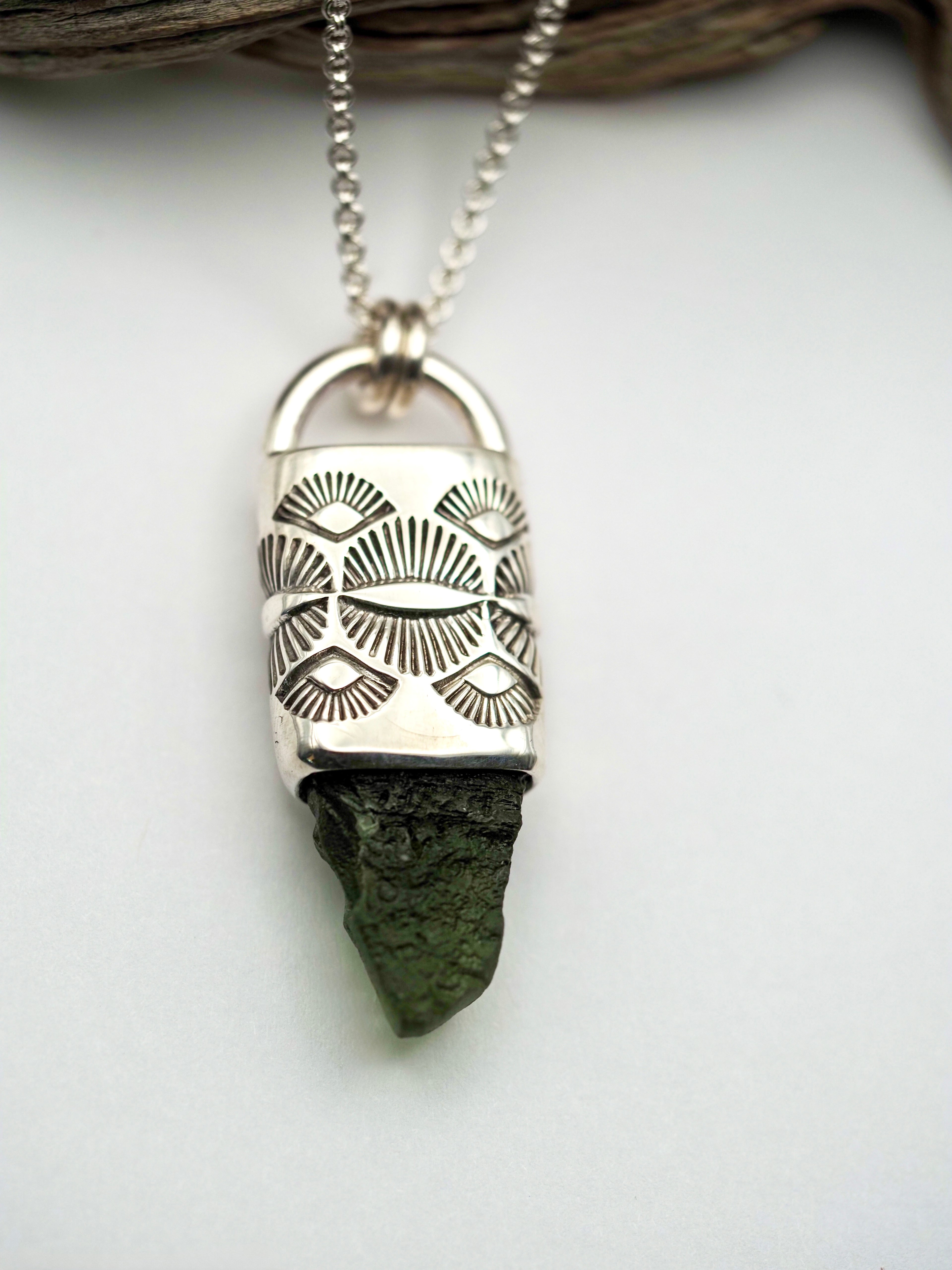 Moldavite Eye/Fan Talisman Necklace