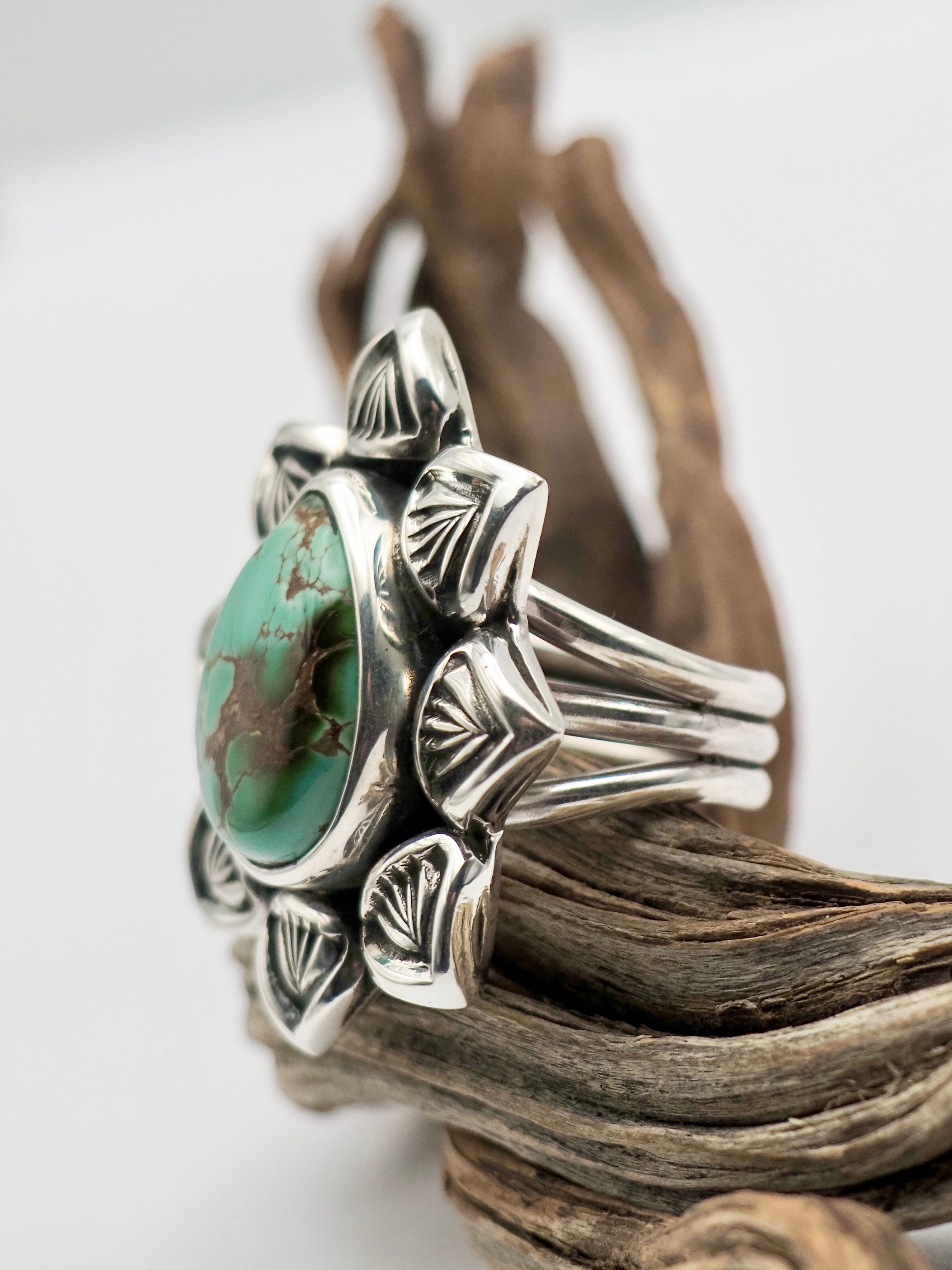 Royston Turquoise Cholla Hand Stamped Border Ring size 7.5