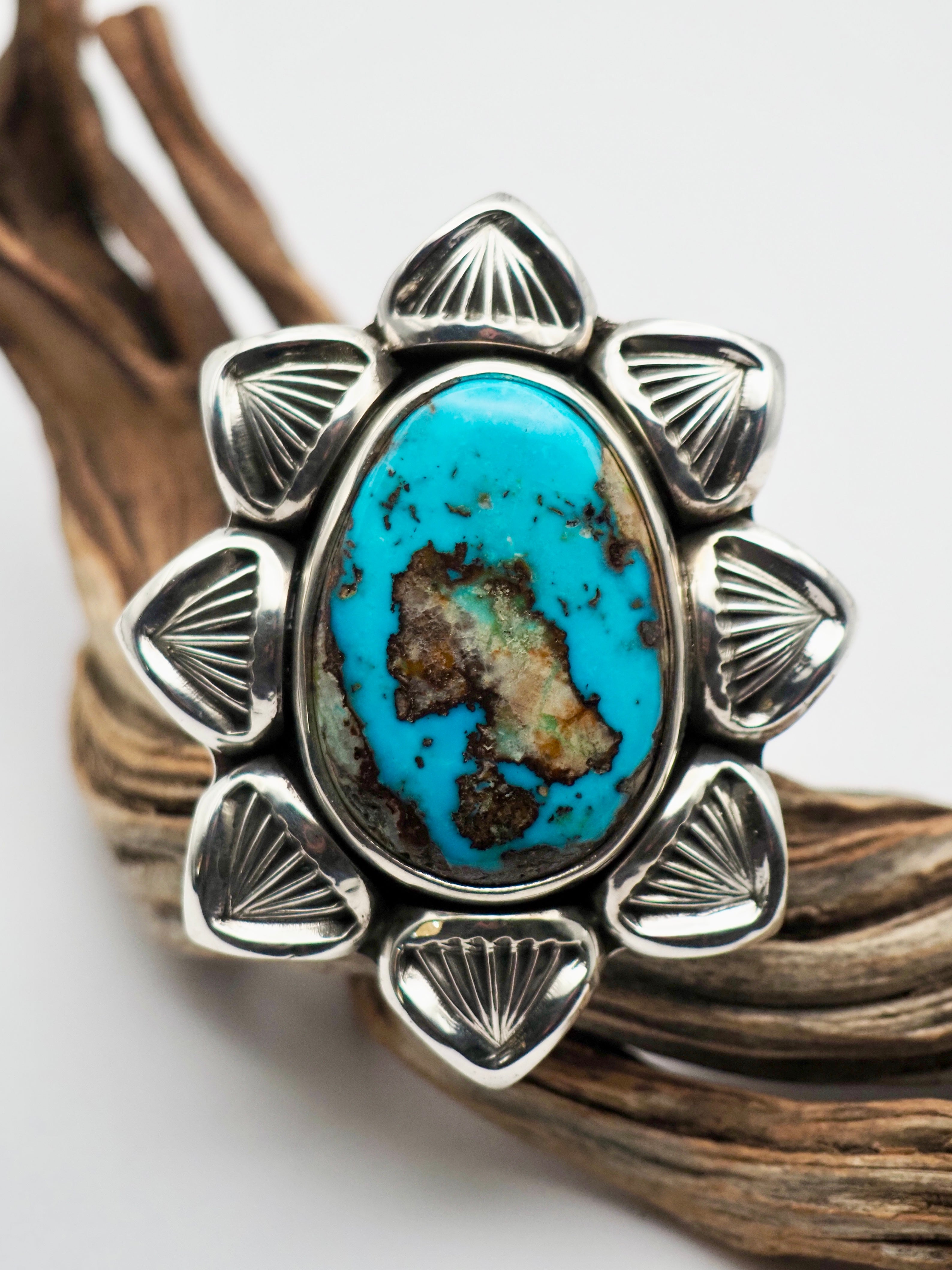 Easter Blue Turquoise Cholla Hand Stamped Border Ring size 7