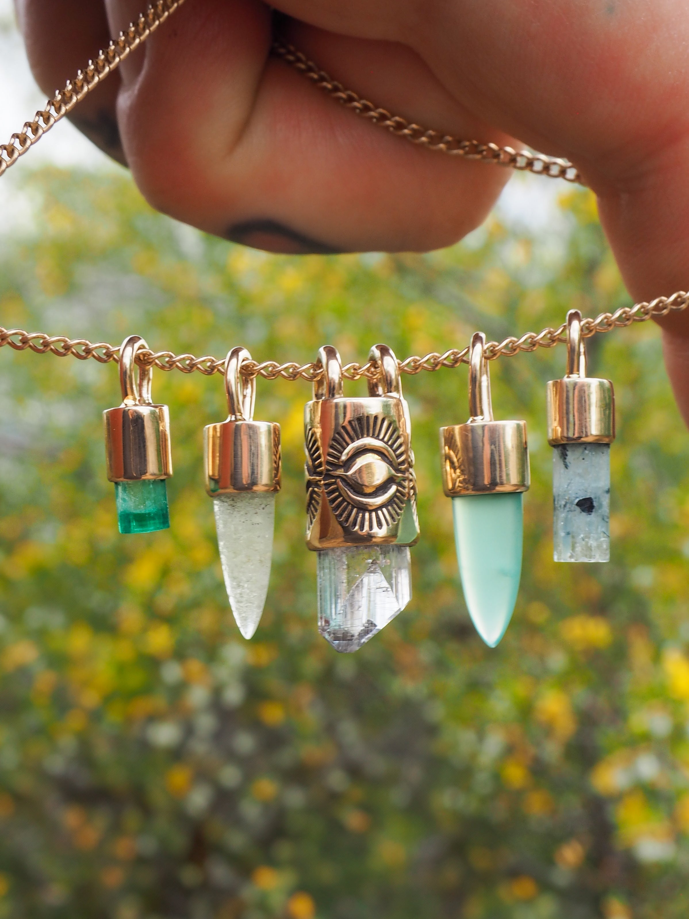 Aquamarine with Black Tourmaline 14K Gold Mini Talisman B