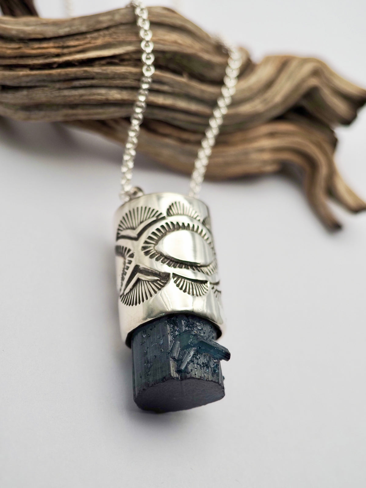 Blue Tourmaline Penetrator Eye/Fan Talisman Necklace