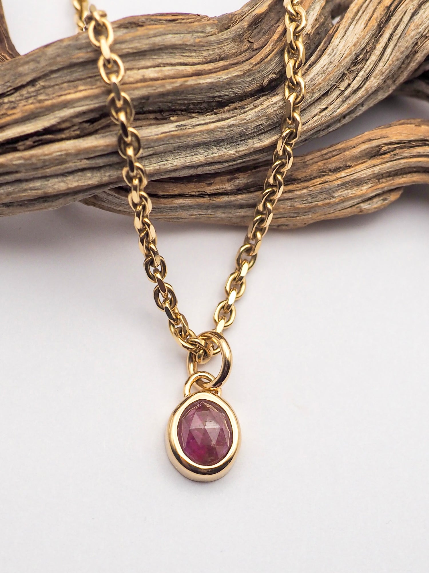 Pink Sapphire 14K Gold Bezel Set Pendant