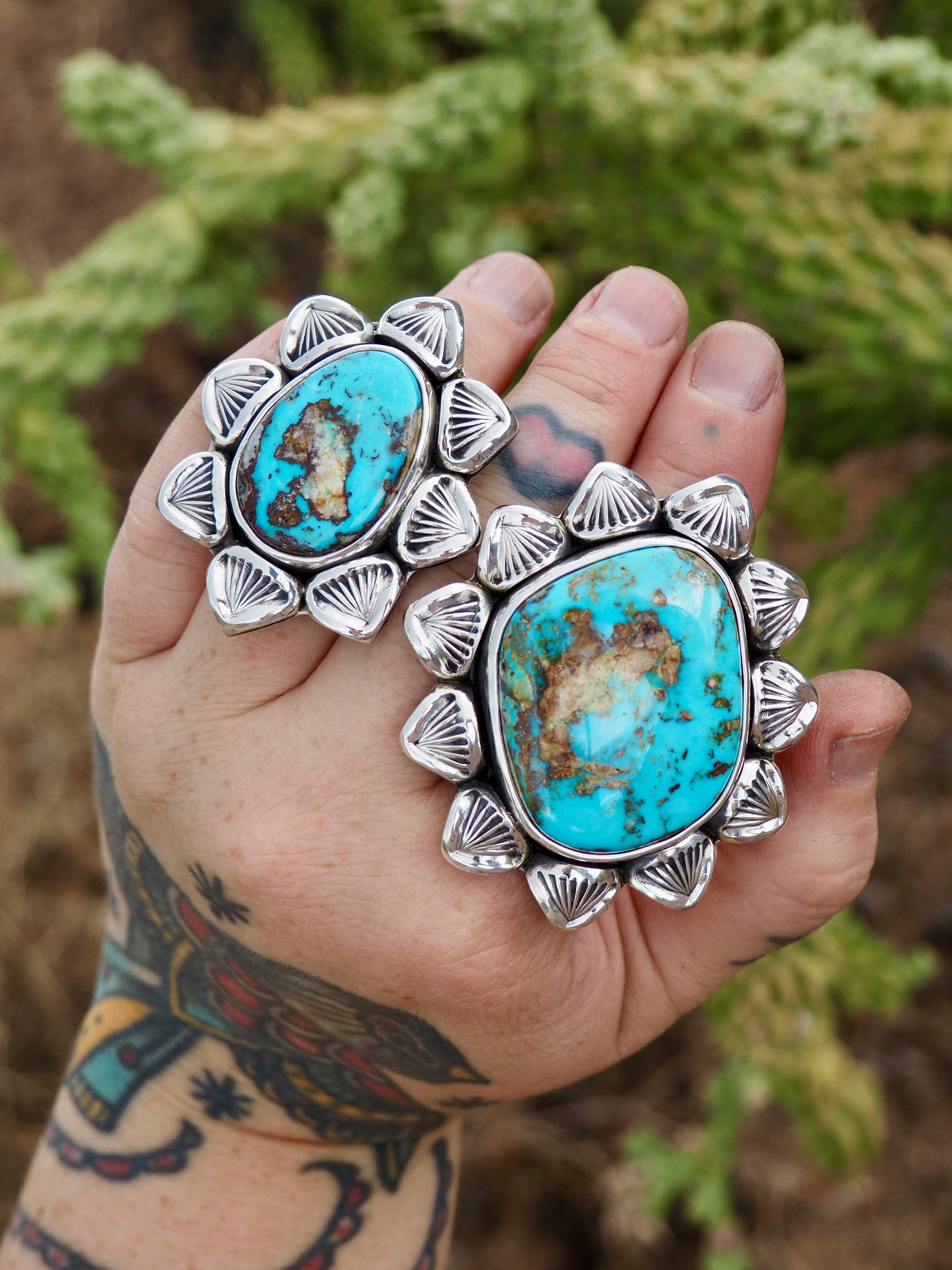 Easter Blue Turquoise Cholla Hand Stamped Border Ring size 9