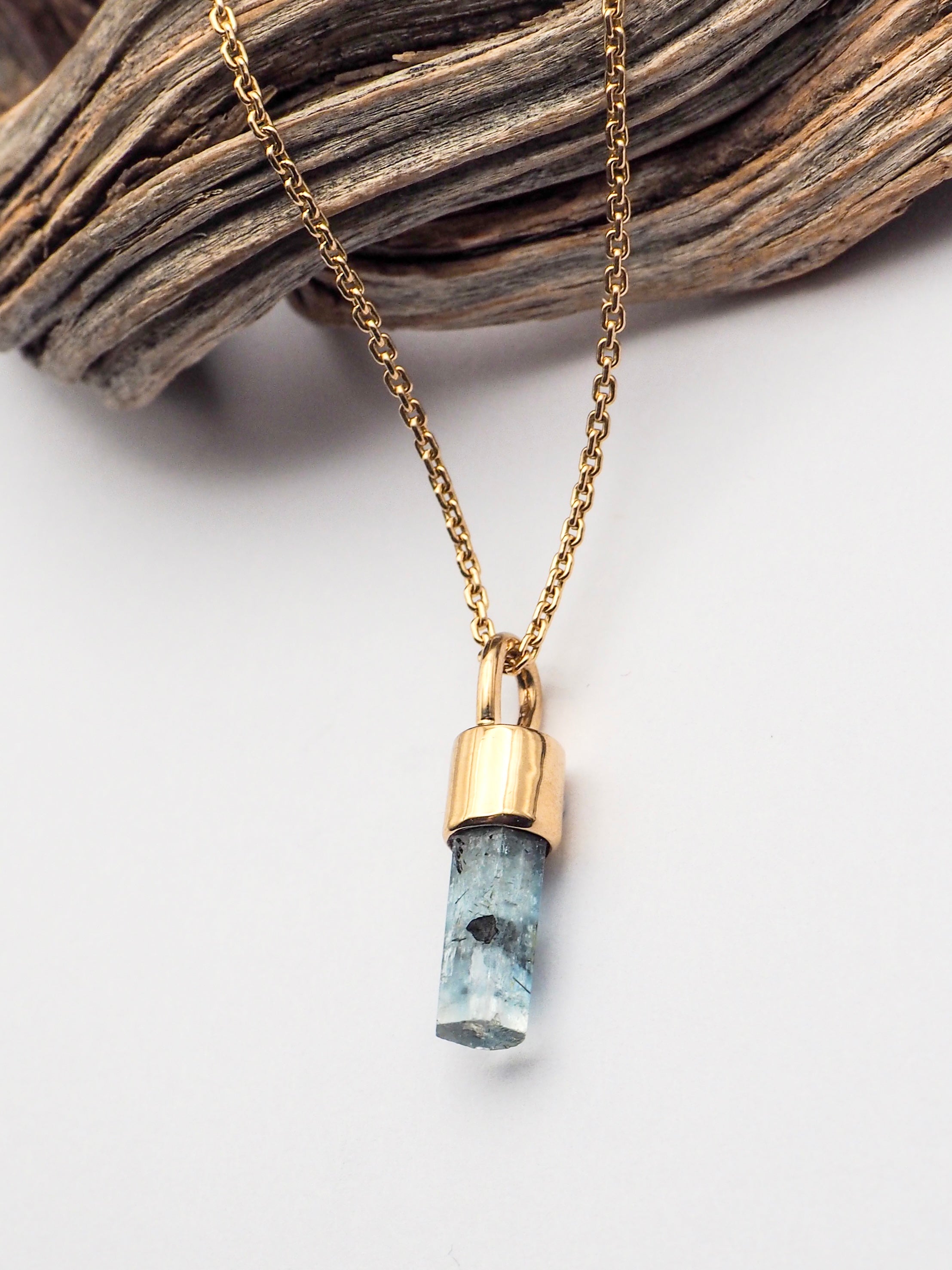 Aquamarine with Black Tourmaline 14K Gold Mini Talisman B