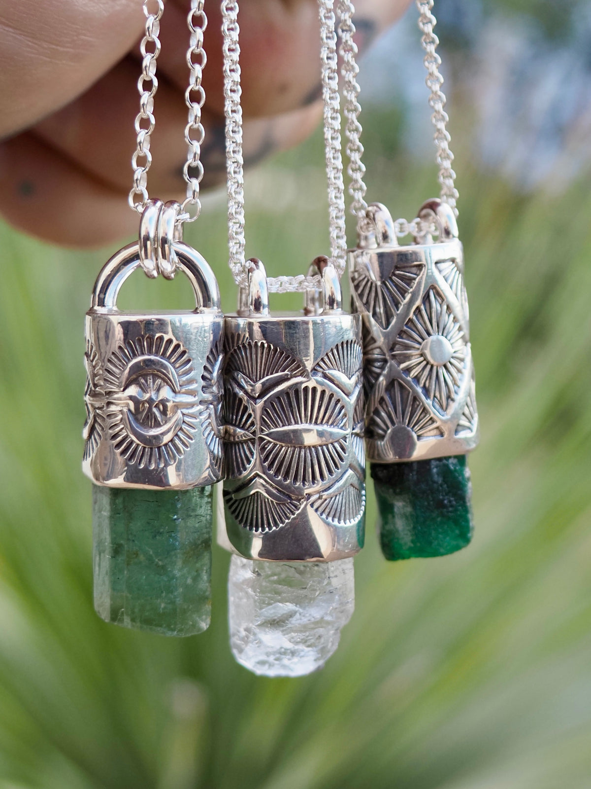 Etched Aquamarine Eye/Fan Talisman Necklace