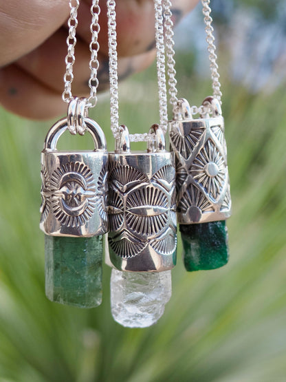 Etched Aquamarine Eye/Fan Talisman Necklace