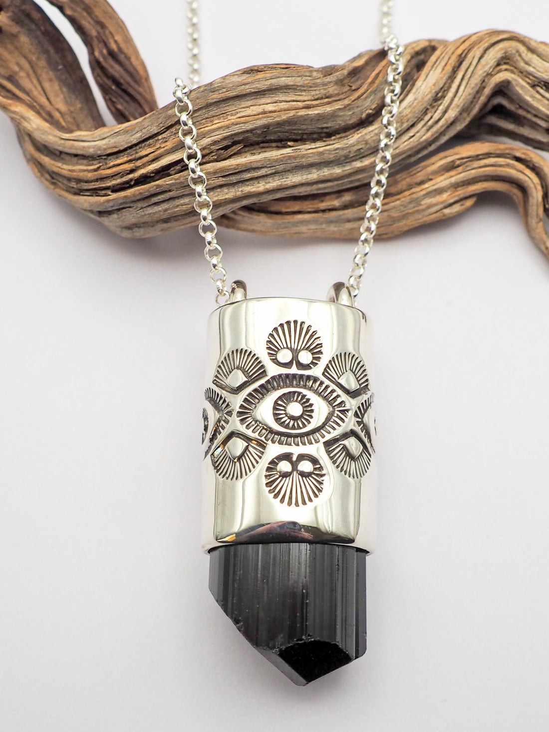 Black Tourmaline Big Eye/Fan/Opuntia Talisman Necklace