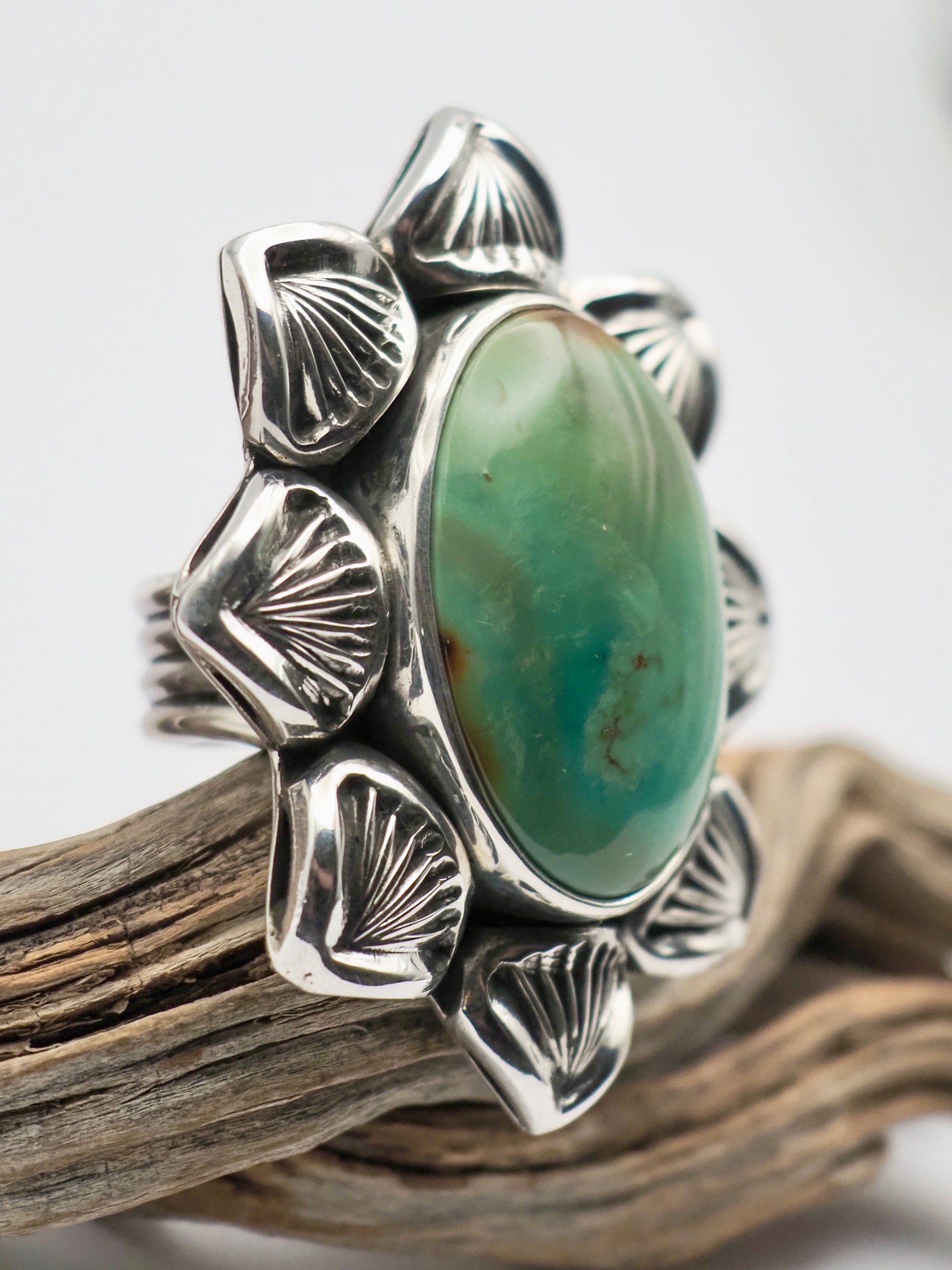 Ajax Turquoise Cholla Hand Stamped Border Ring size 6