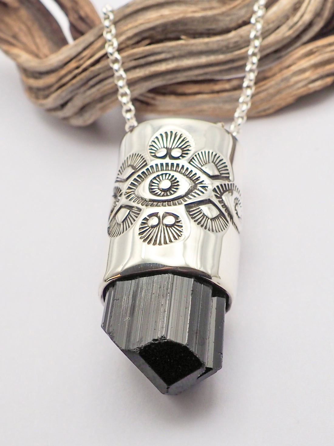 Black Tourmaline Big Eye/Fan/Opuntia Talisman Necklace