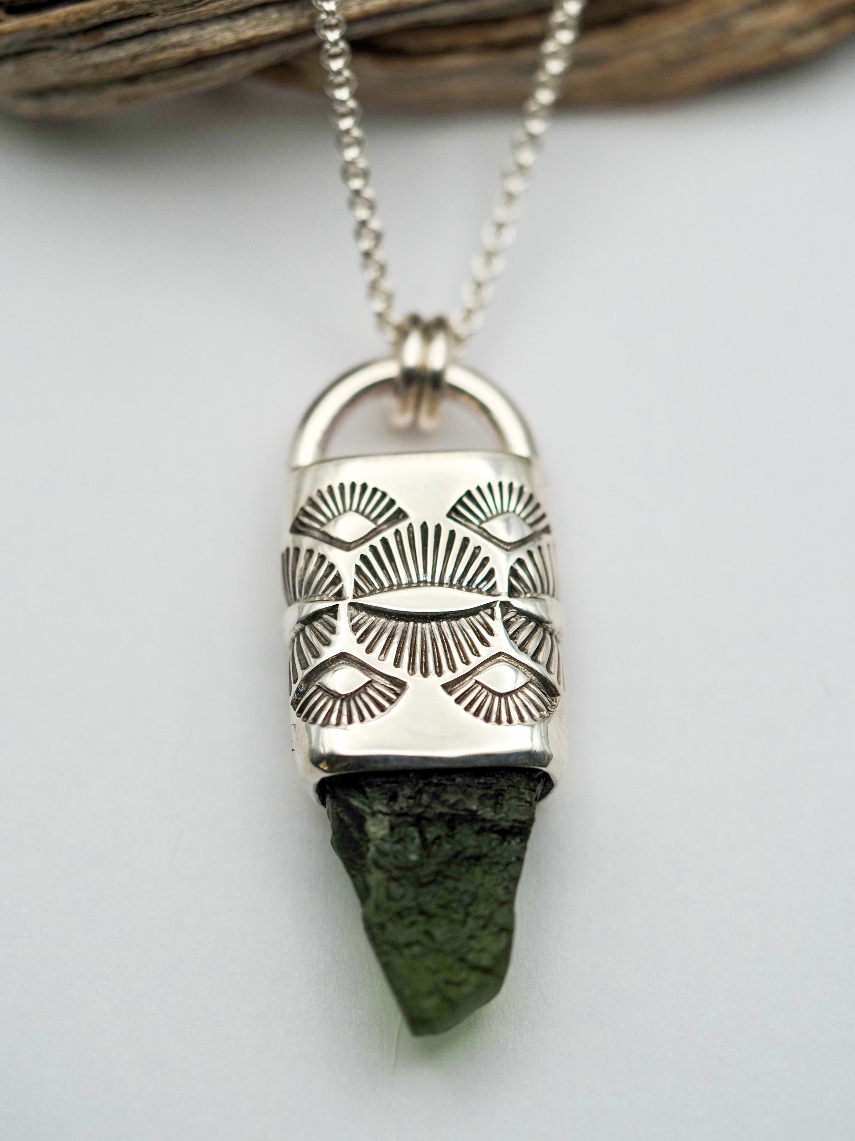 Moldavite Eye/Fan Talisman Necklace
