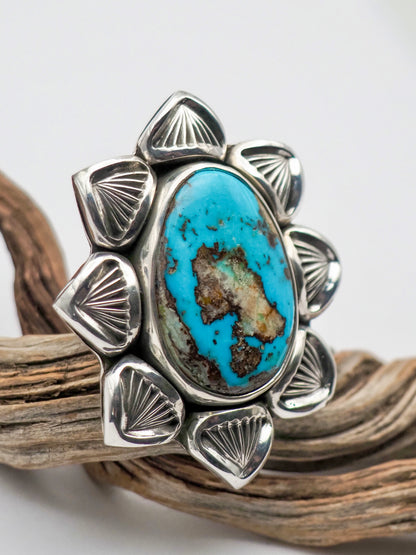 Easter Blue Turquoise Cholla Hand Stamped Border Ring size 7