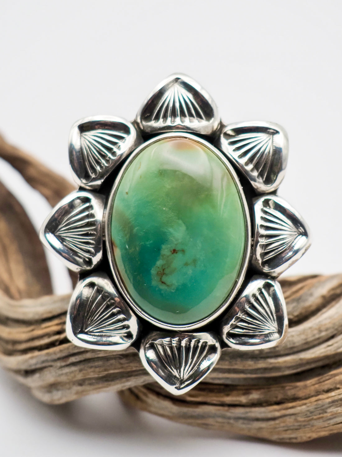 Ajax Turquoise Cholla Hand Stamped Border Ring size 6