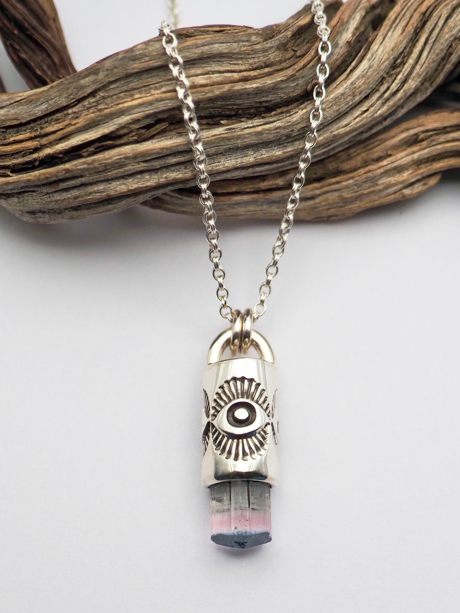 Blue Tipped Pink Tourmaline Eye Talisman Necklace