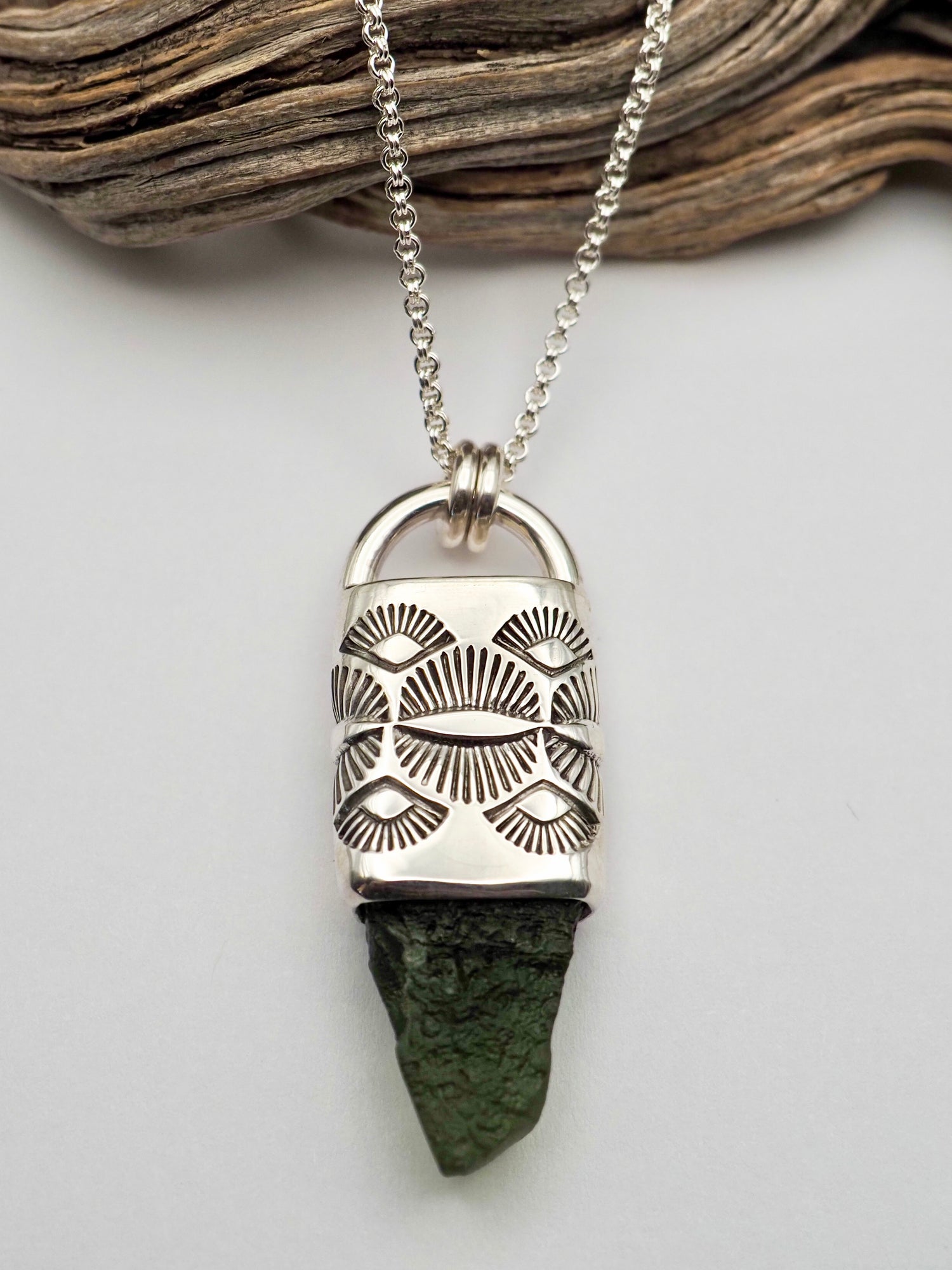 Moldavite Eye/Fan Talisman Necklace