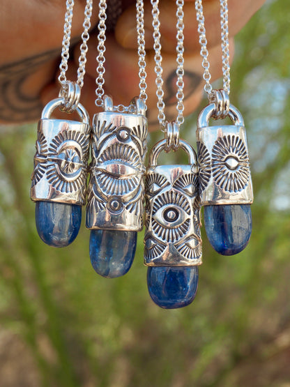 Polished Blue Kyanite Spiky Eye Talisman Necklace