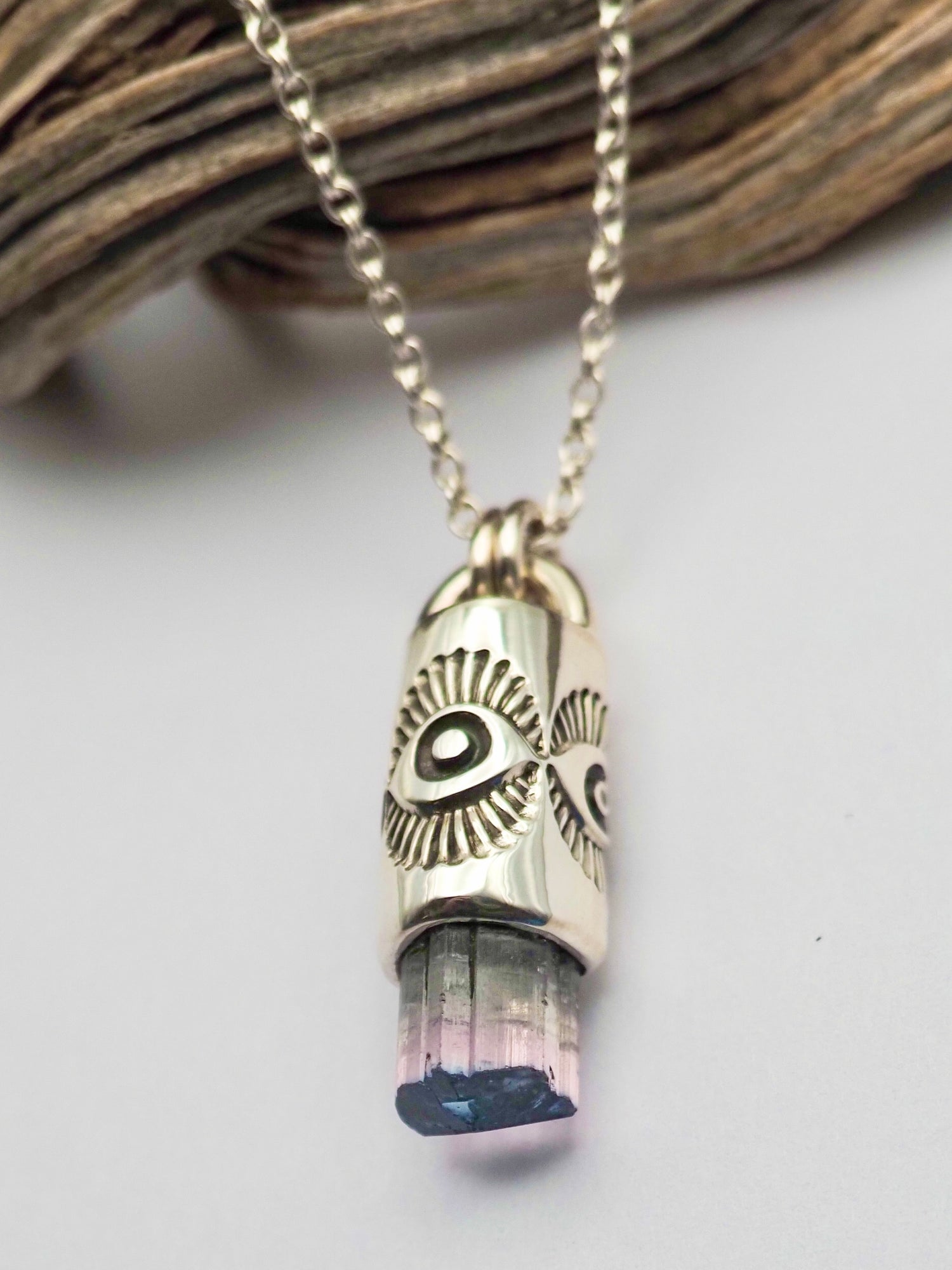 Blue Tipped Pink Tourmaline Eye Talisman Necklace
