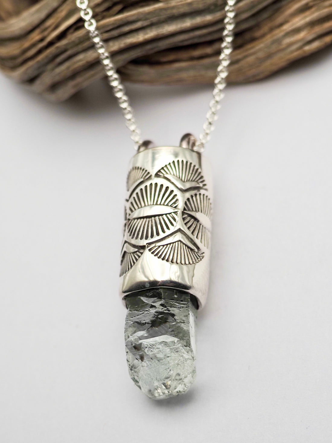 Etched Aquamarine Eye/Fan Talisman Necklace