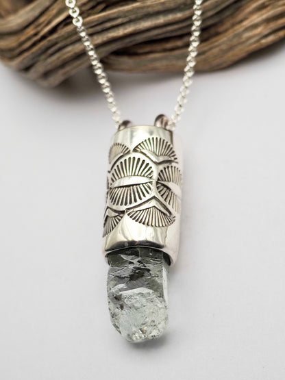 Etched Aquamarine Eye/Fan Talisman Necklace