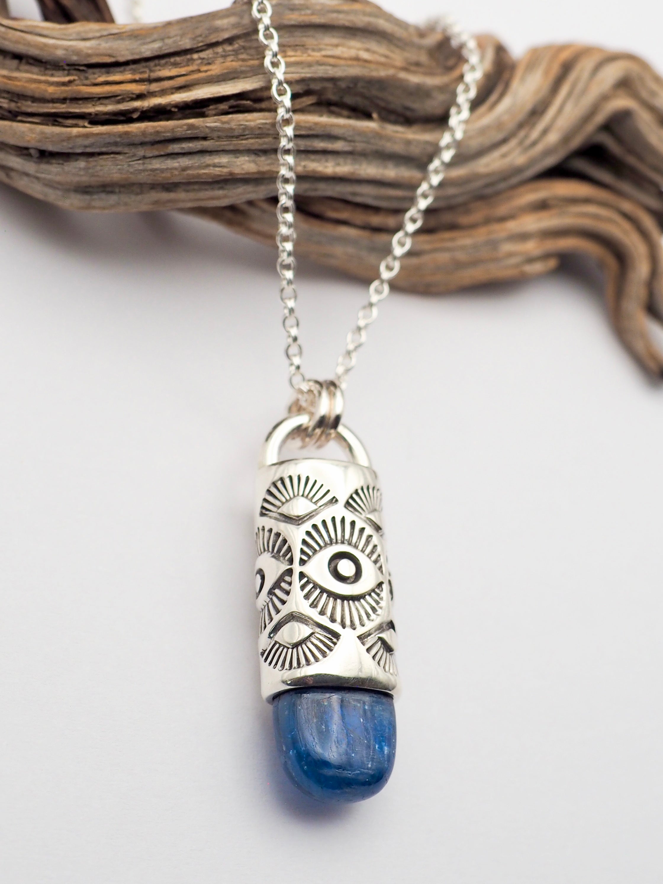 Polished Blue Kyanite Eye/Fan Talisman Necklace