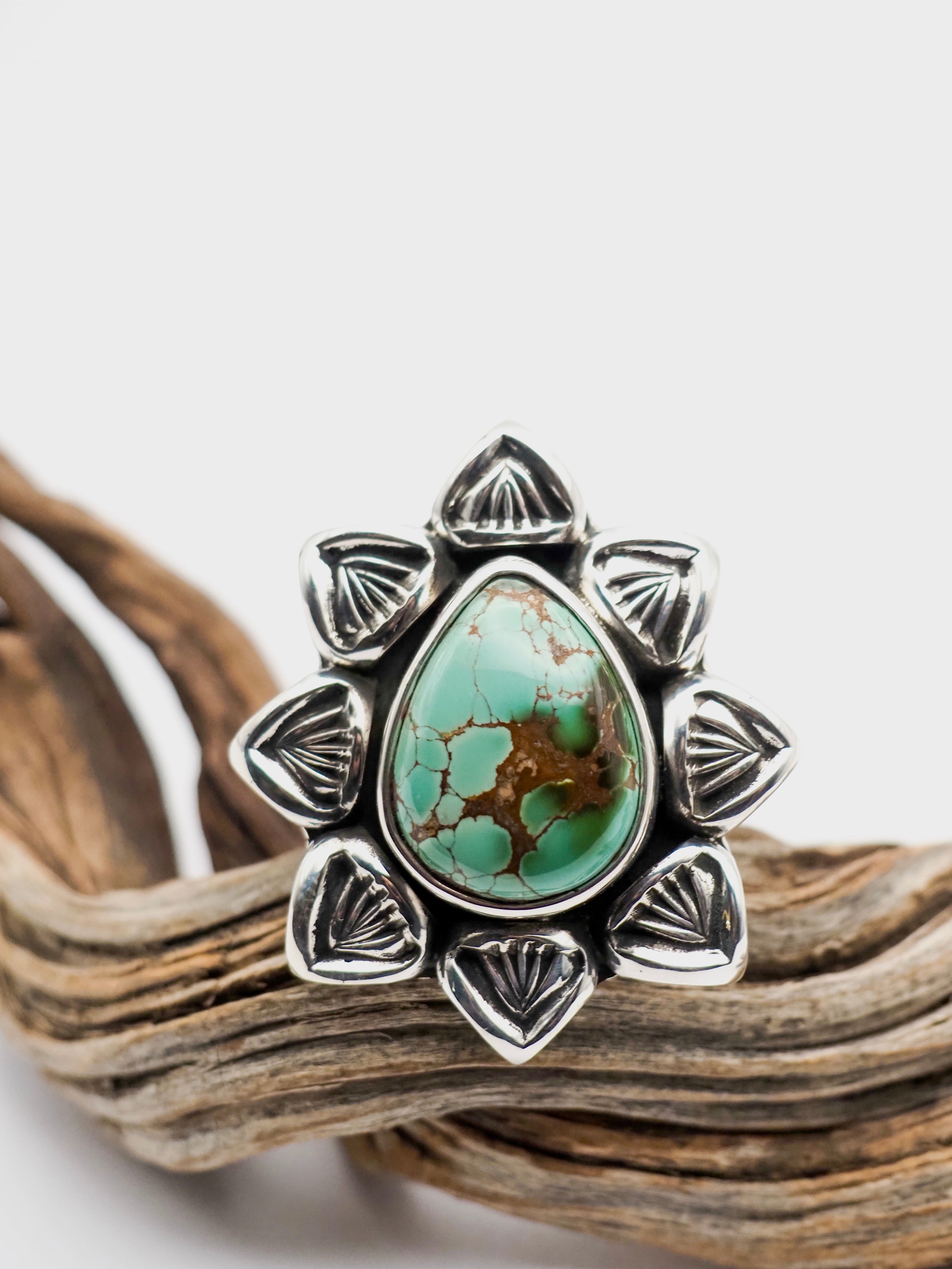 Royston Turquoise Cholla Hand Stamped Border Ring size 7.5