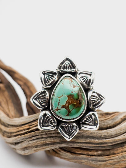 Royston Turquoise Cholla Hand Stamped Border Ring size 7.5
