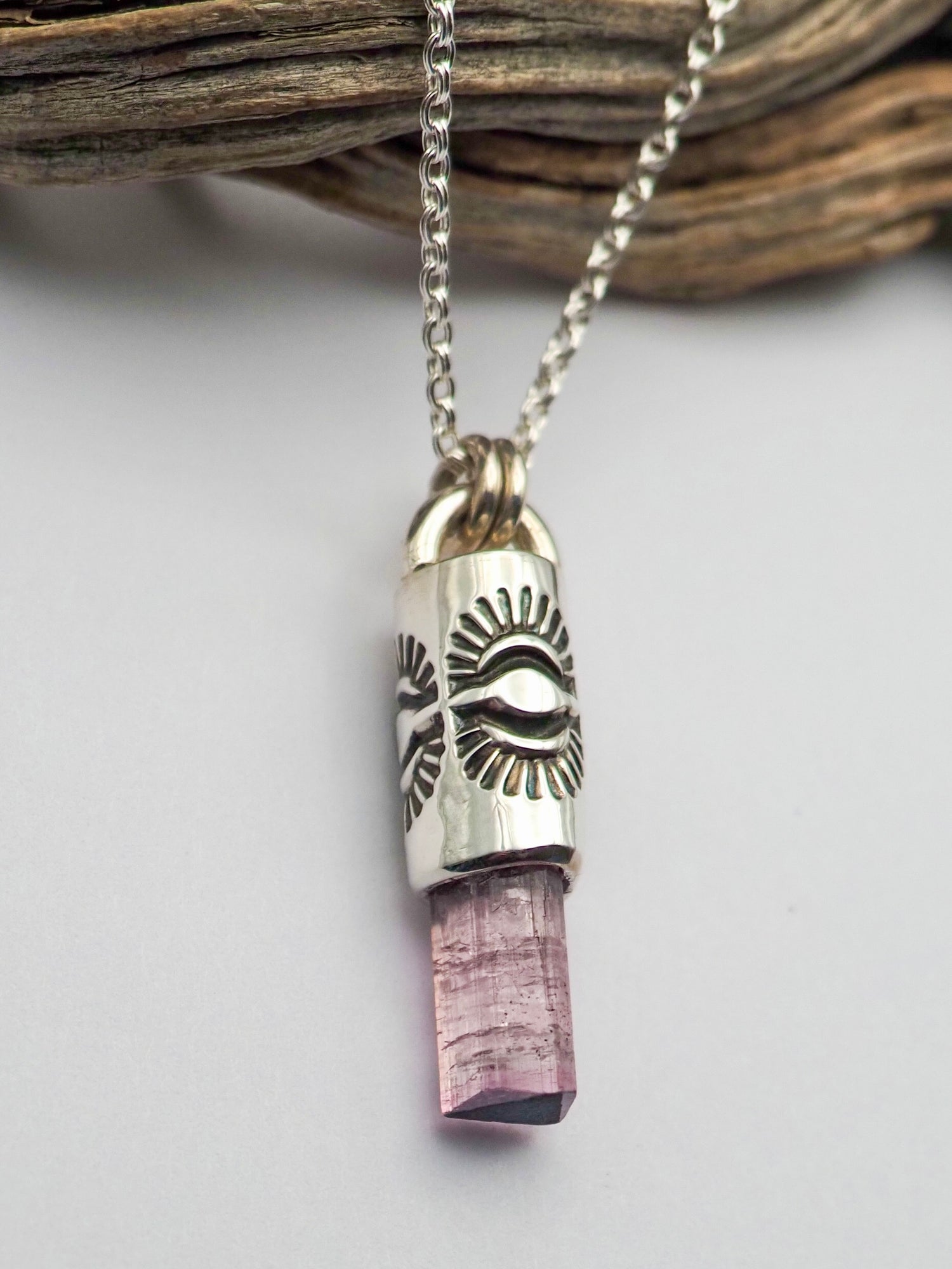 Blue Tipped Pink Tourmaline Eye II Talisman Necklace