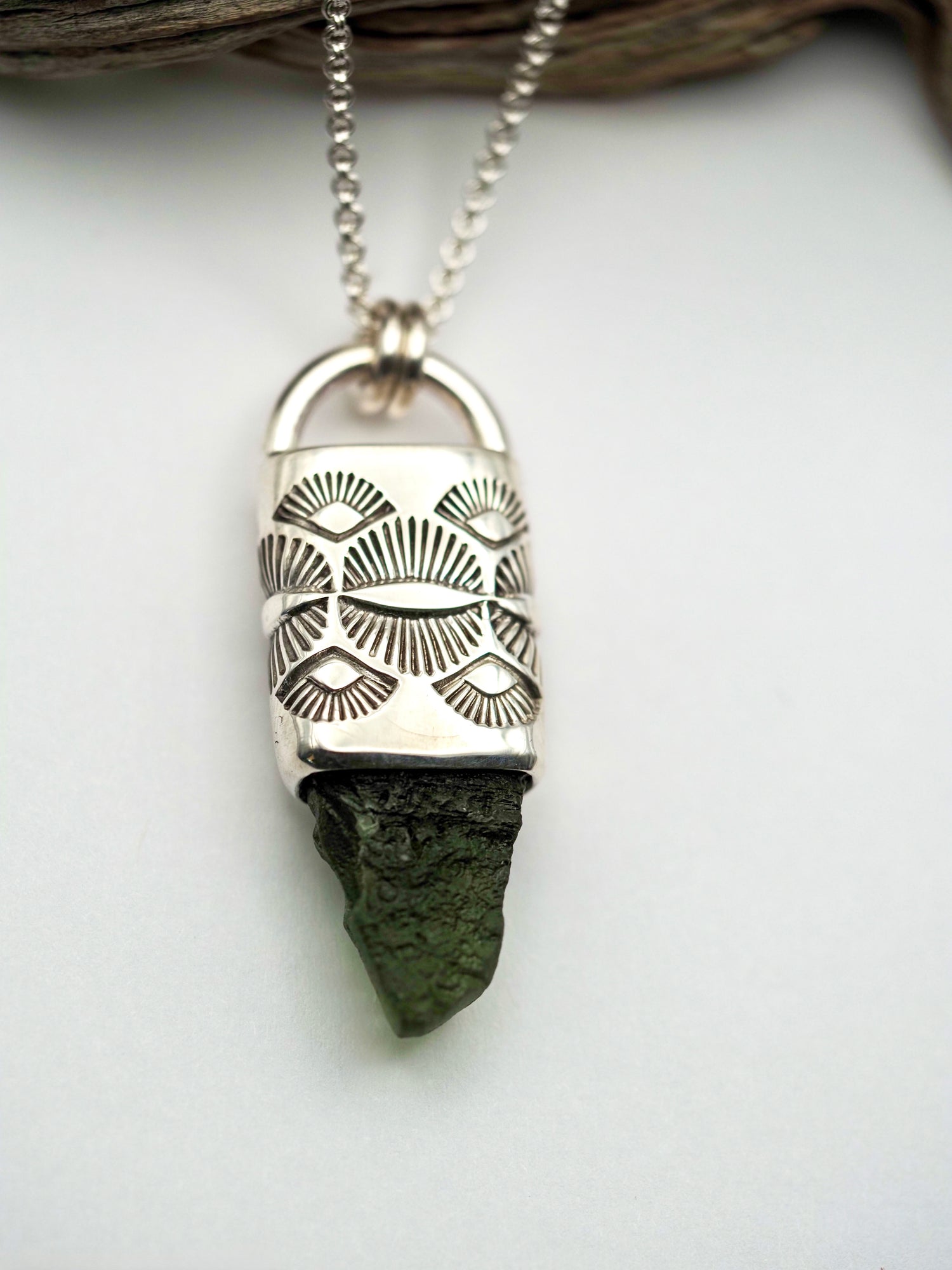 Moldavite Eye/Fan Talisman Necklace