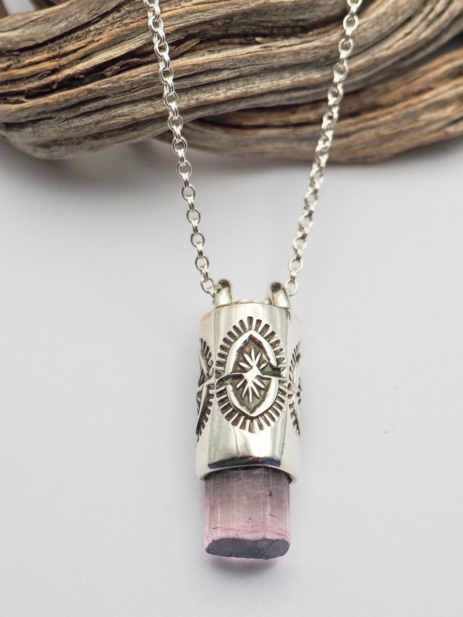 Blue Tipped Pink Tourmaline Yucca Talisman Necklace