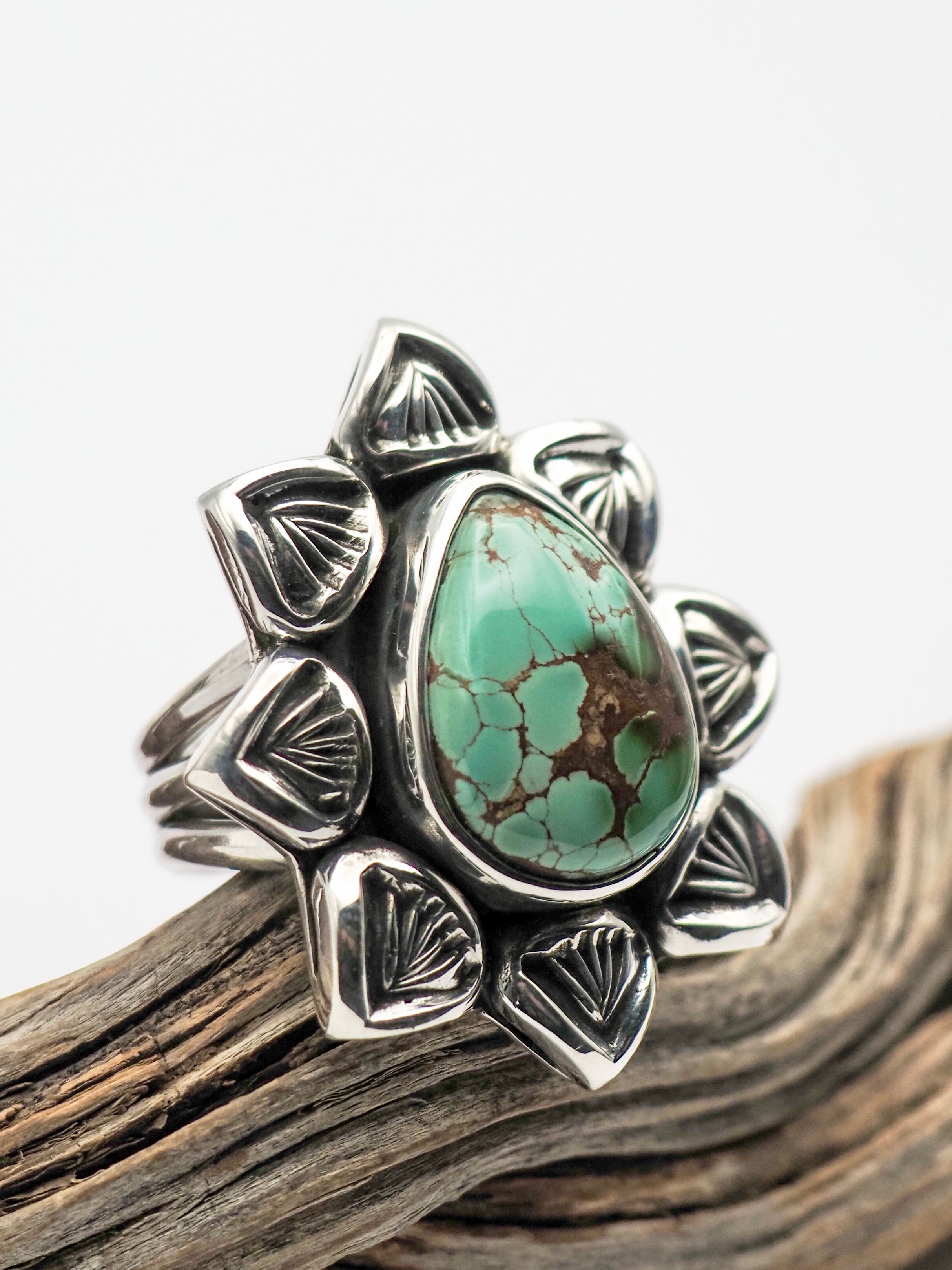Royston Turquoise Cholla Hand Stamped Border Ring size 7.5