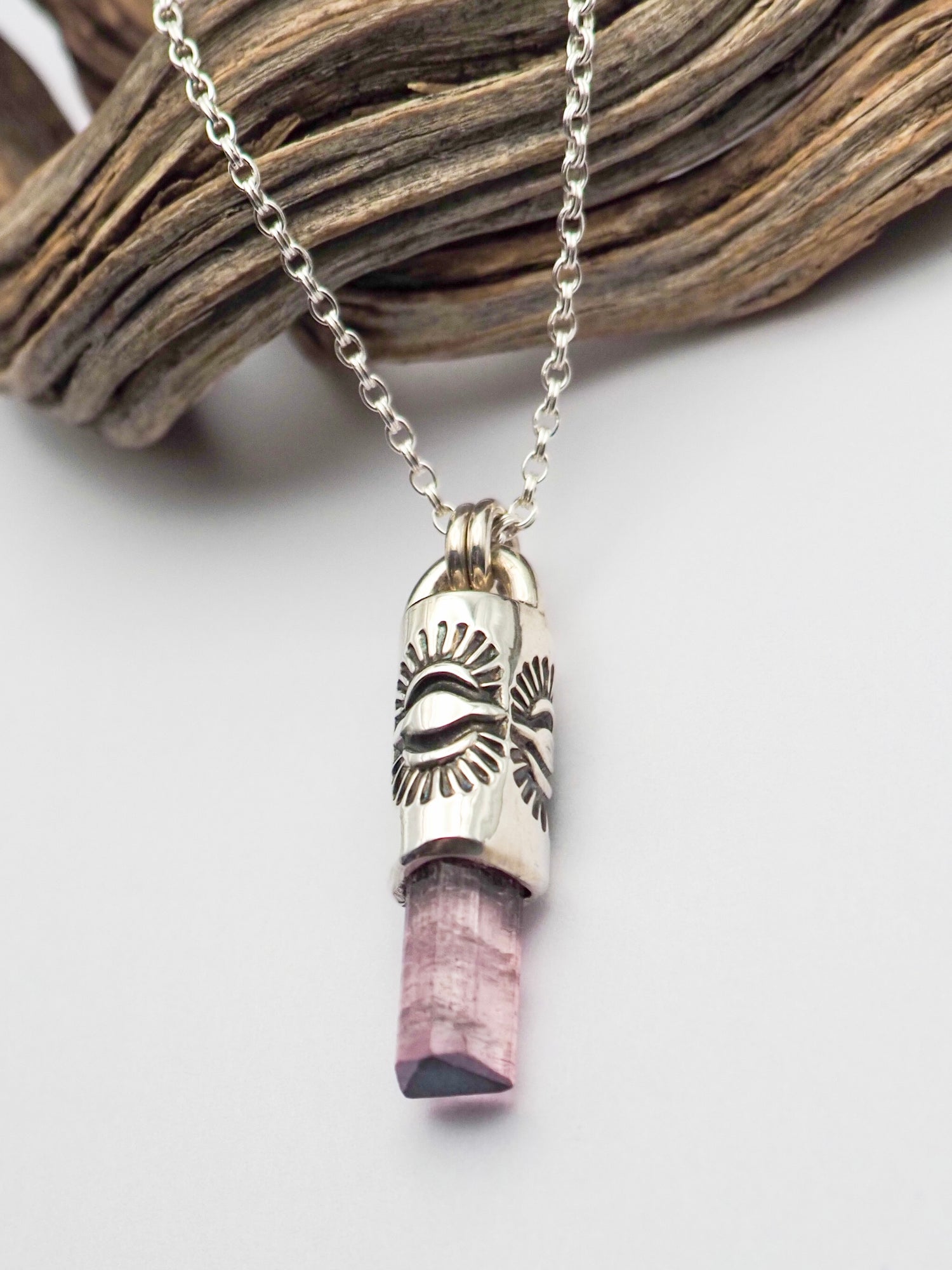 Blue Tipped Pink Tourmaline Eye II Talisman Necklace