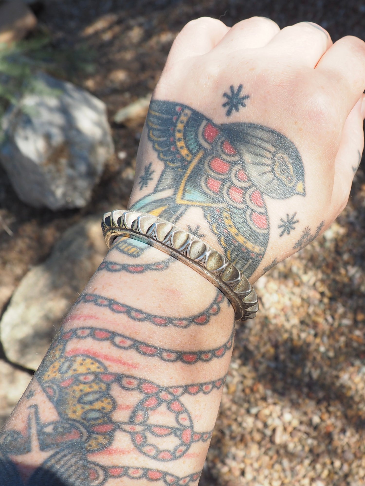 Whirling Log &amp; Arrow HANDMADE OLD STYLE PUNKERO HOLY MOUNTAIN CUFF - 7" WRIST 109grams!