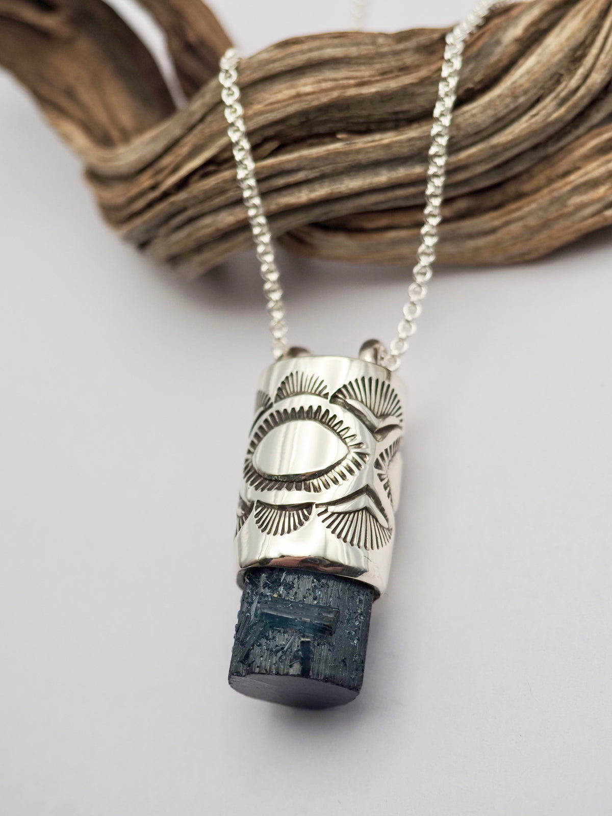 Blue Tourmaline Penetrator Eye/Fan Talisman Necklace