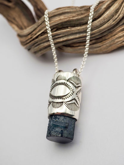 Blue Tourmaline Penetrator Eye/Fan Talisman Necklace