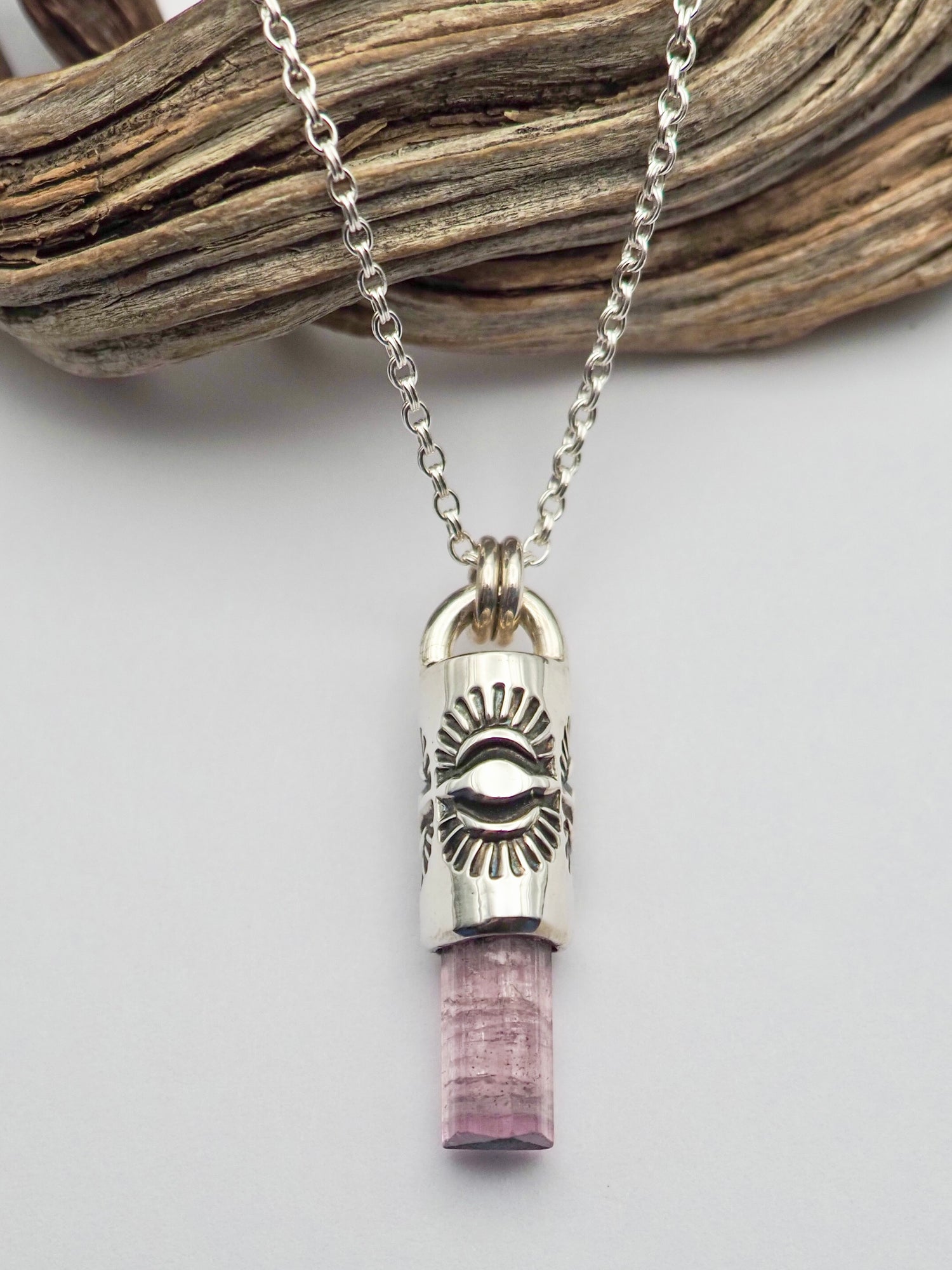 Blue Tipped Pink Tourmaline Eye II Talisman Necklace