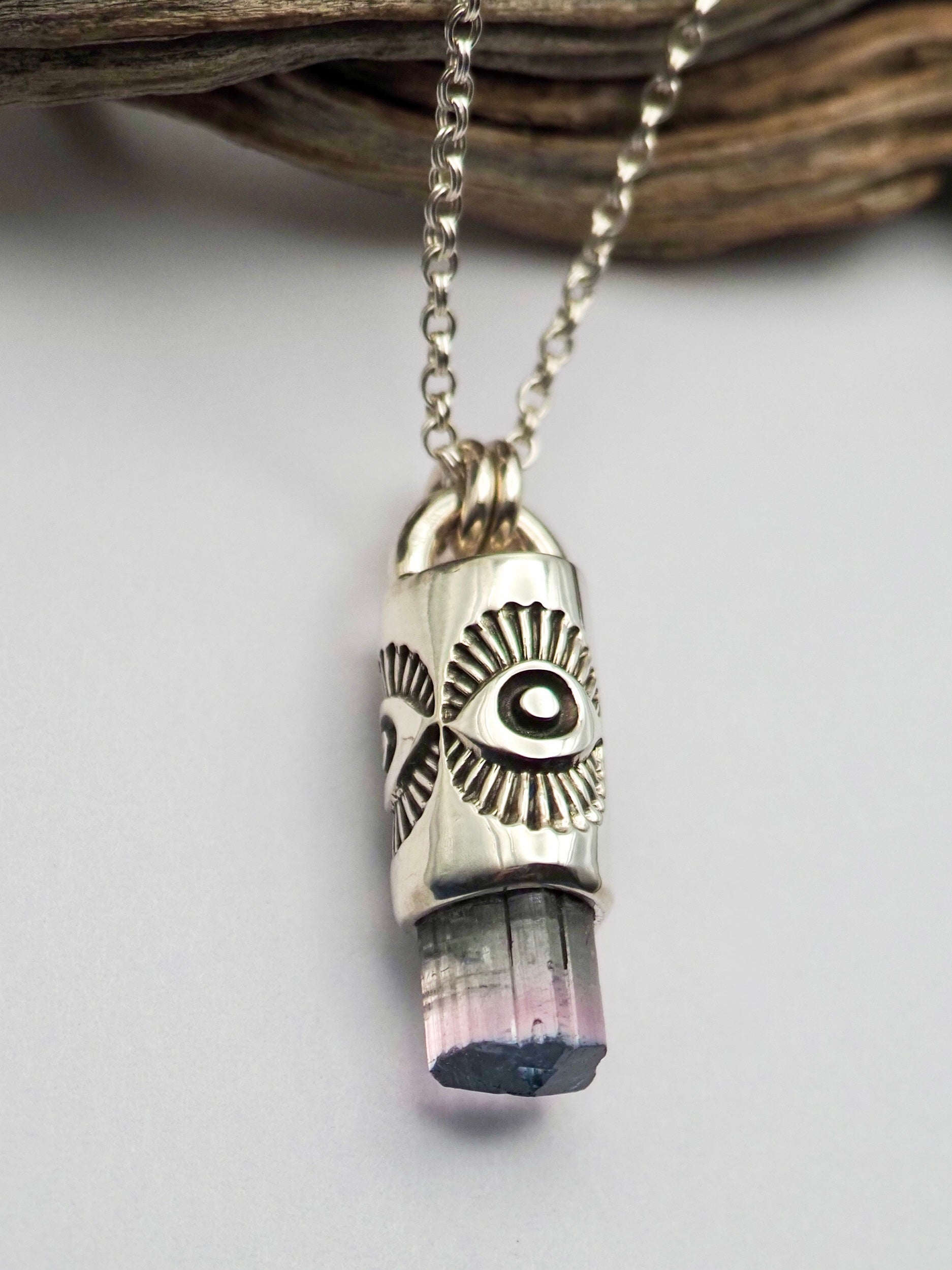 Blue Tipped Pink Tourmaline Eye Talisman Necklace