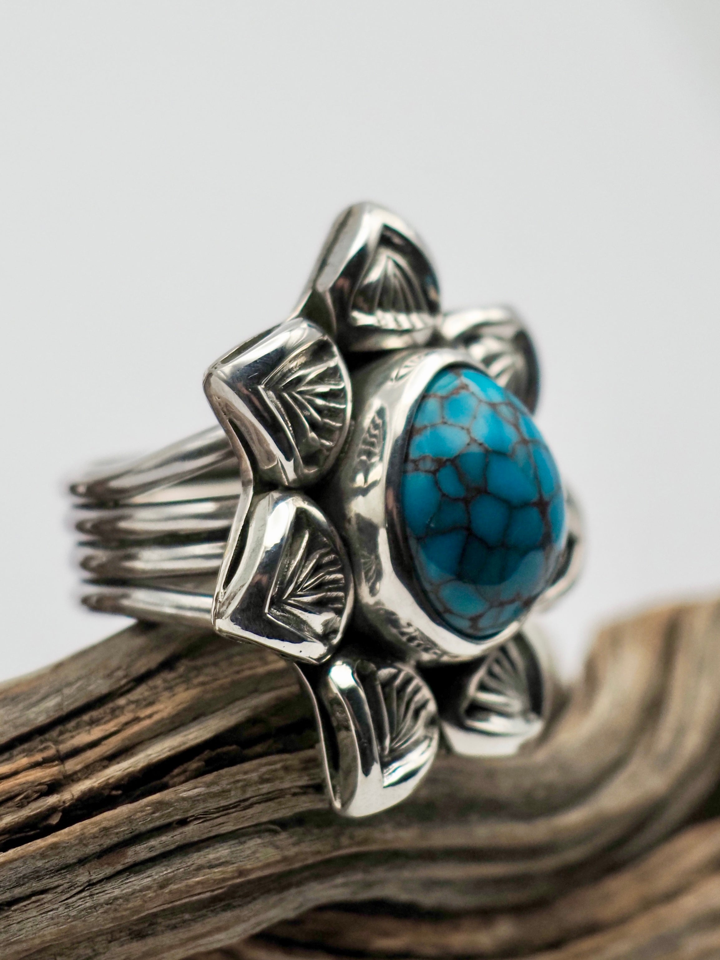 Egyptian Turquoise Cholla Hand Stamped Border Ring size 6.5
