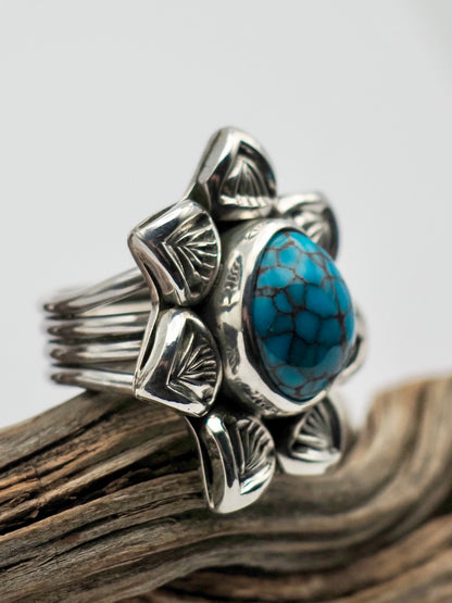 Egyptian Turquoise Cholla Hand Stamped Border Ring size 6.5