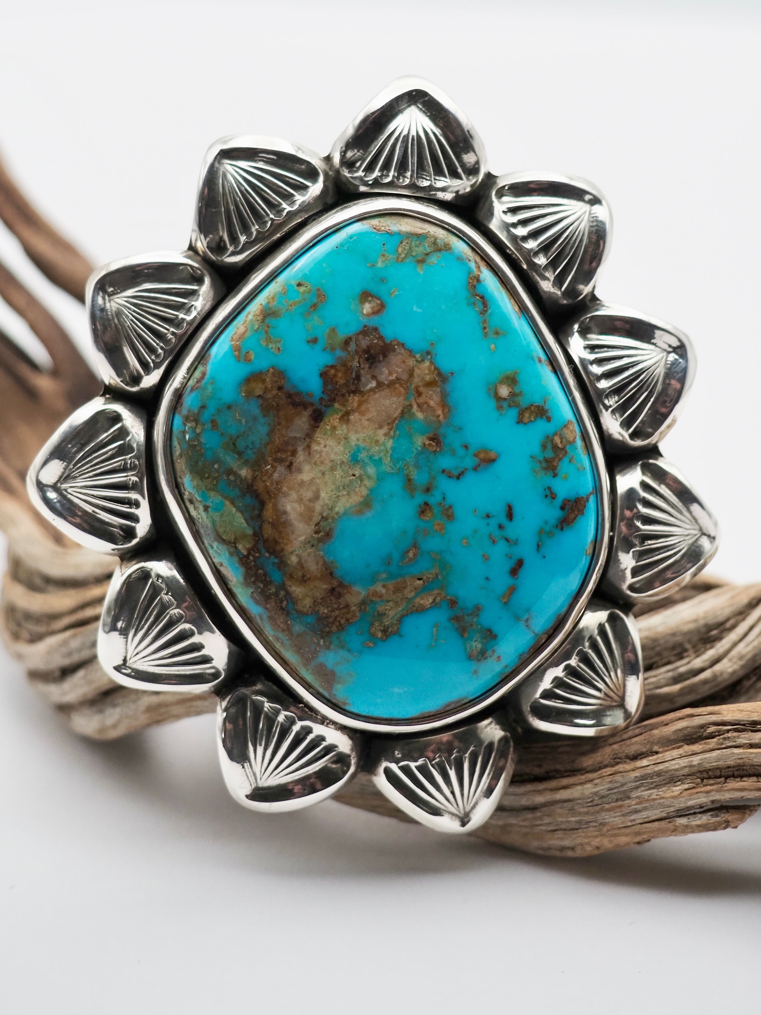 Easter Blue Turquoise Cholla Hand Stamped Border Ring size 9