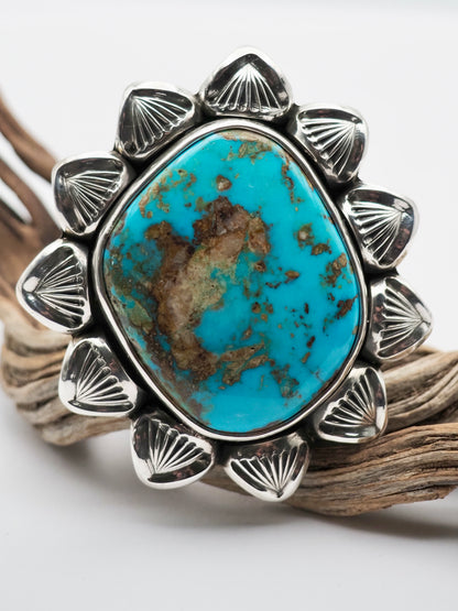 Easter Blue Turquoise Cholla Hand Stamped Border Ring size 9