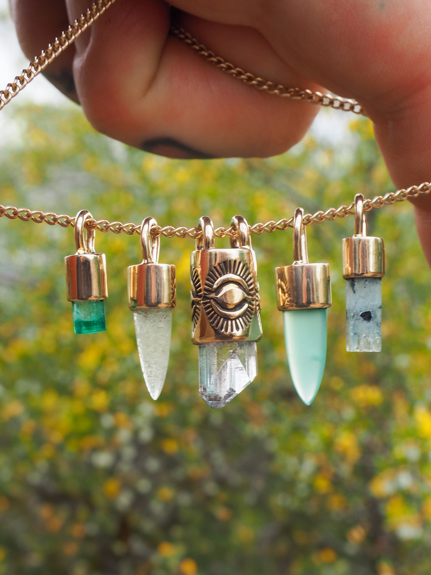 Aquamarine with Black Tourmaline 14K Gold Mini Talisman B
