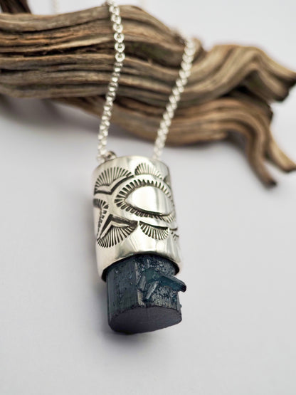 Blue Tourmaline Penetrator Eye/Fan Talisman Necklace