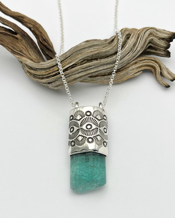 Blue Tourmaline Eye/Fan Talisman Necklace