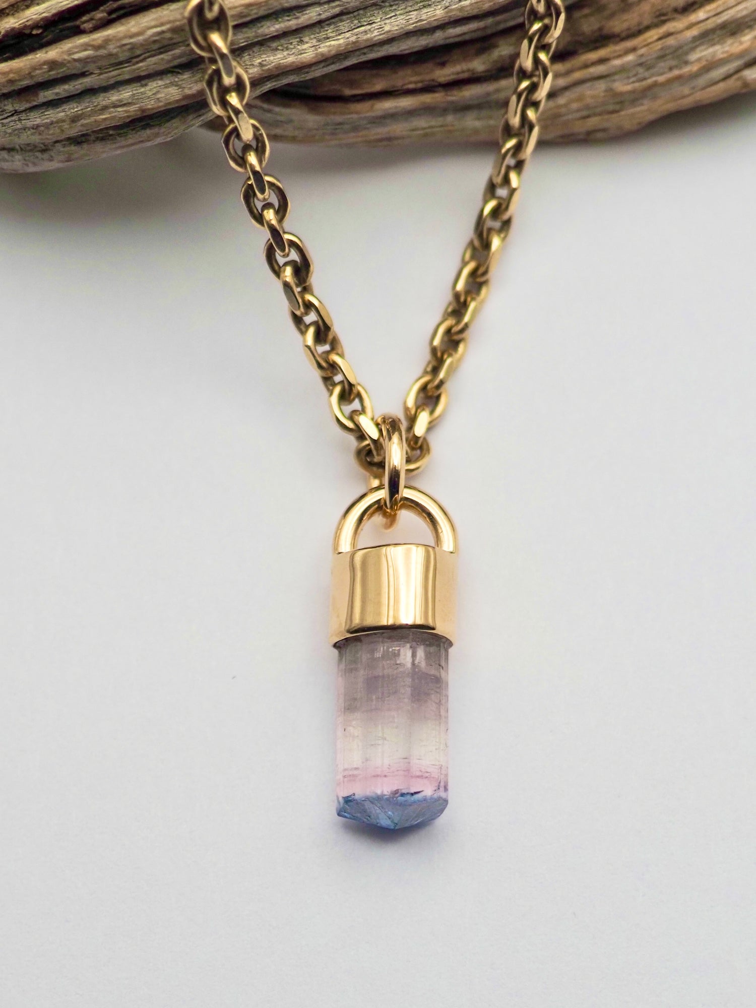 Blue Tipped Pink Tourmaline 14k Gold Talisman Pendant B