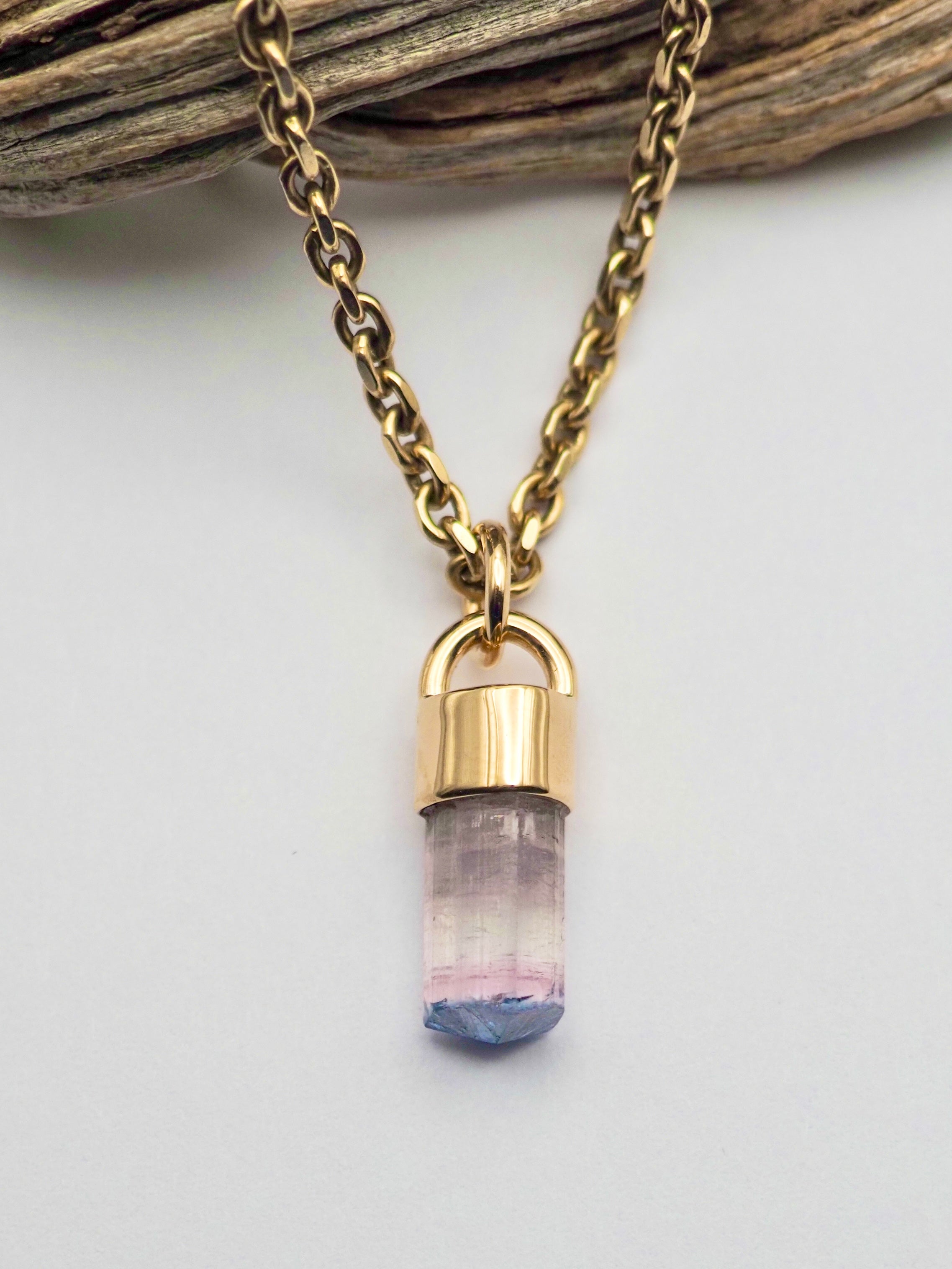 Blue Tipped Pink Tourmaline 14k Gold Talisman Pendant B