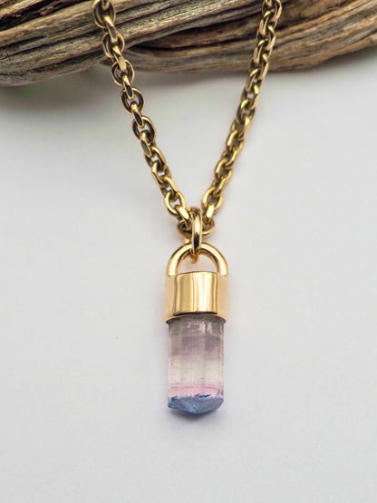 Blue Tipped Pink Tourmaline 14k Gold Talisman Pendant B